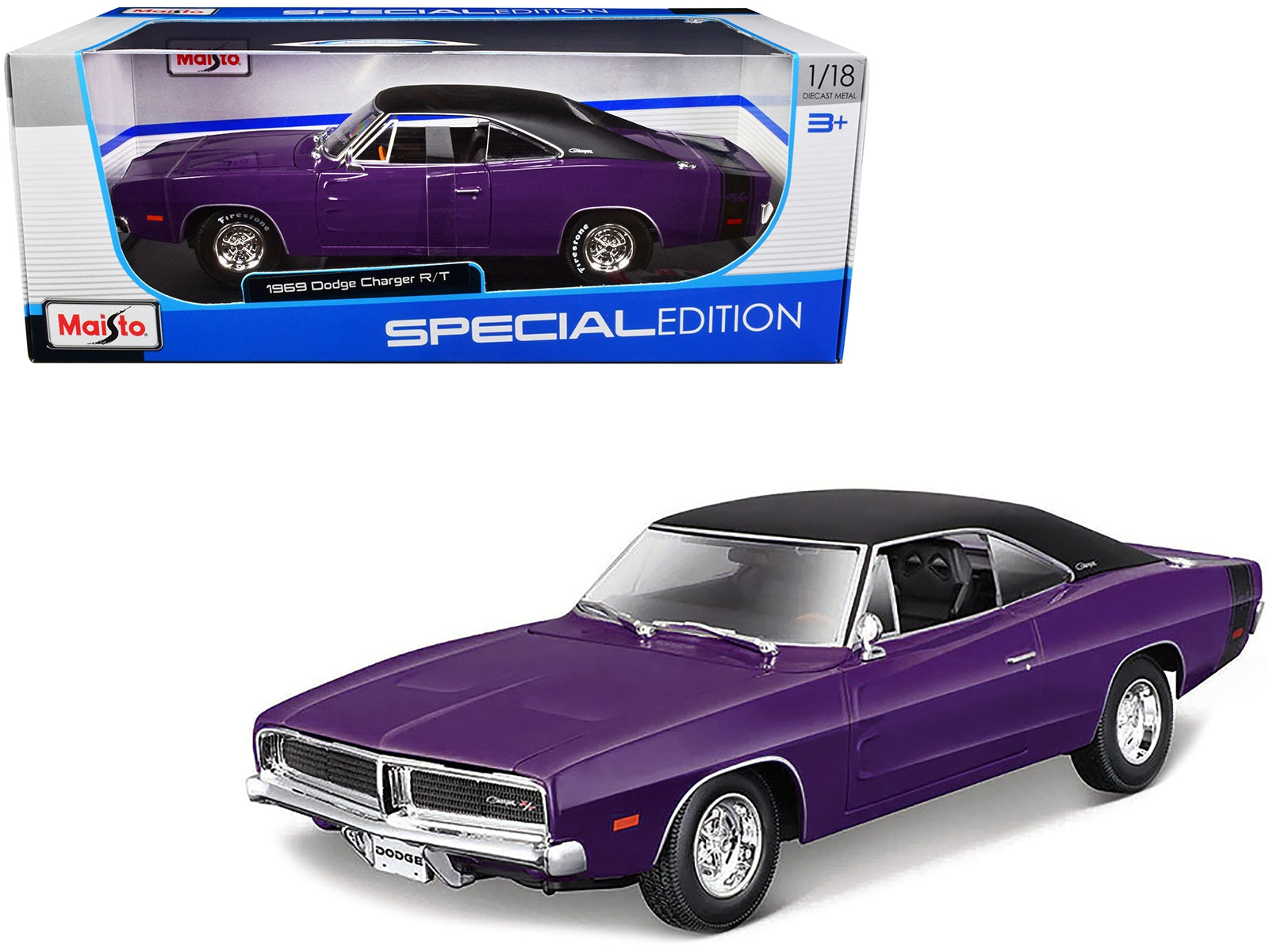 1969 Dodge Charger R/T Purple with Matt Black Top and Black Tail Stripe "Special Edition" 1/18 Diecast Model Car by Maisto Maisto