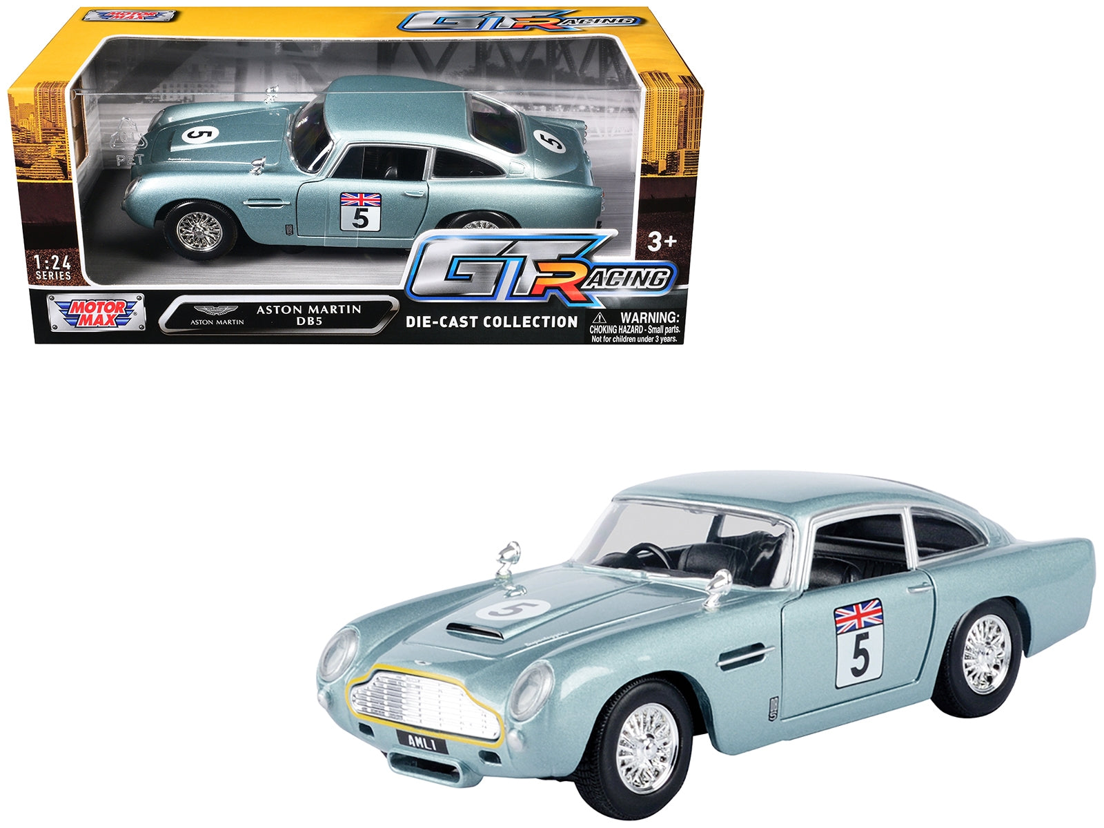 Aston Martin DB5 RHD (Right Hand Drive) #5 Light Blue Metallic "GT Racing" Series 1/24 Diecast Model Car by Motormax Motormax