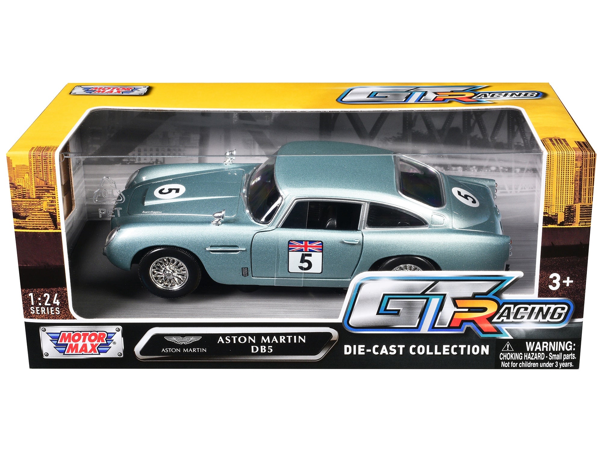 Aston Martin DB5 RHD (Right Hand Drive) #5 Light Blue Metallic "GT Racing" Series 1/24 Diecast Model Car by Motormax Motormax