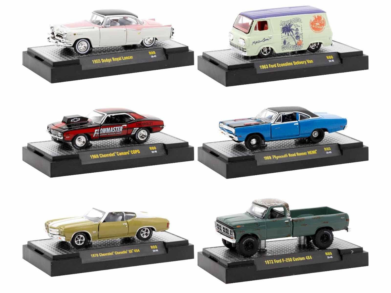 "Auto Meets" Set of 6 Cars IN DISPLAY CASES Release 80 Limited Edition 1/64 Diecast Model Cars by M2 Machines M2