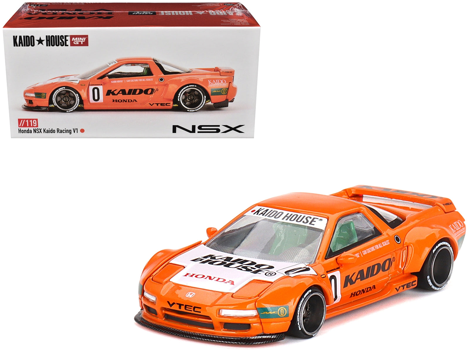 Honda NSX Kaido Racing V1 Orange with White Hood (Designed by Jun Imai) "Kaido House" Special 1/64 Diecast Model Car by Mini GT True Scale Miniatures