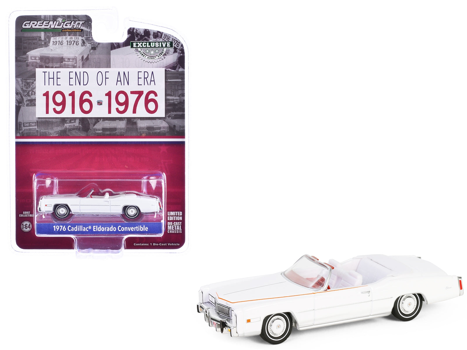 1976 Cadillac Eldorado Convertible White with Red and Blue Stripes "The End of an Era 1916-1976" "Hobby Exclusive" Series 1/64 Diecast Model Car by Greenlight Greenlight