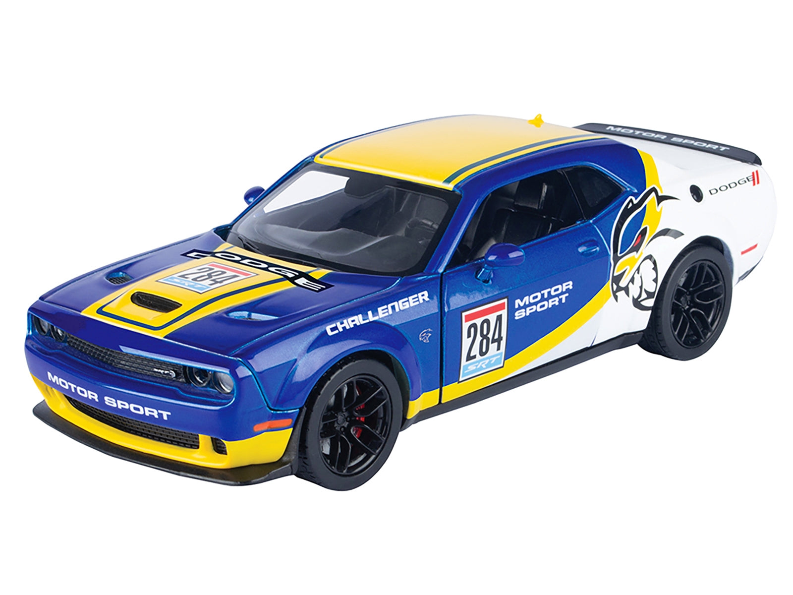 2018 Dodge Challenger SRT Hellcat Widebody #284 Blue Metallic and White with Yellow Graphics "GT Racing" Series 1/24 Diecast Model Car by Motormax Motormax