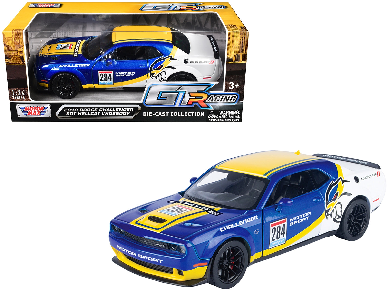 2018 Dodge Challenger SRT Hellcat Widebody #284 Blue Metallic and White with Yellow Graphics "GT Racing" Series 1/24 Diecast Model Car by Motormax Motormax