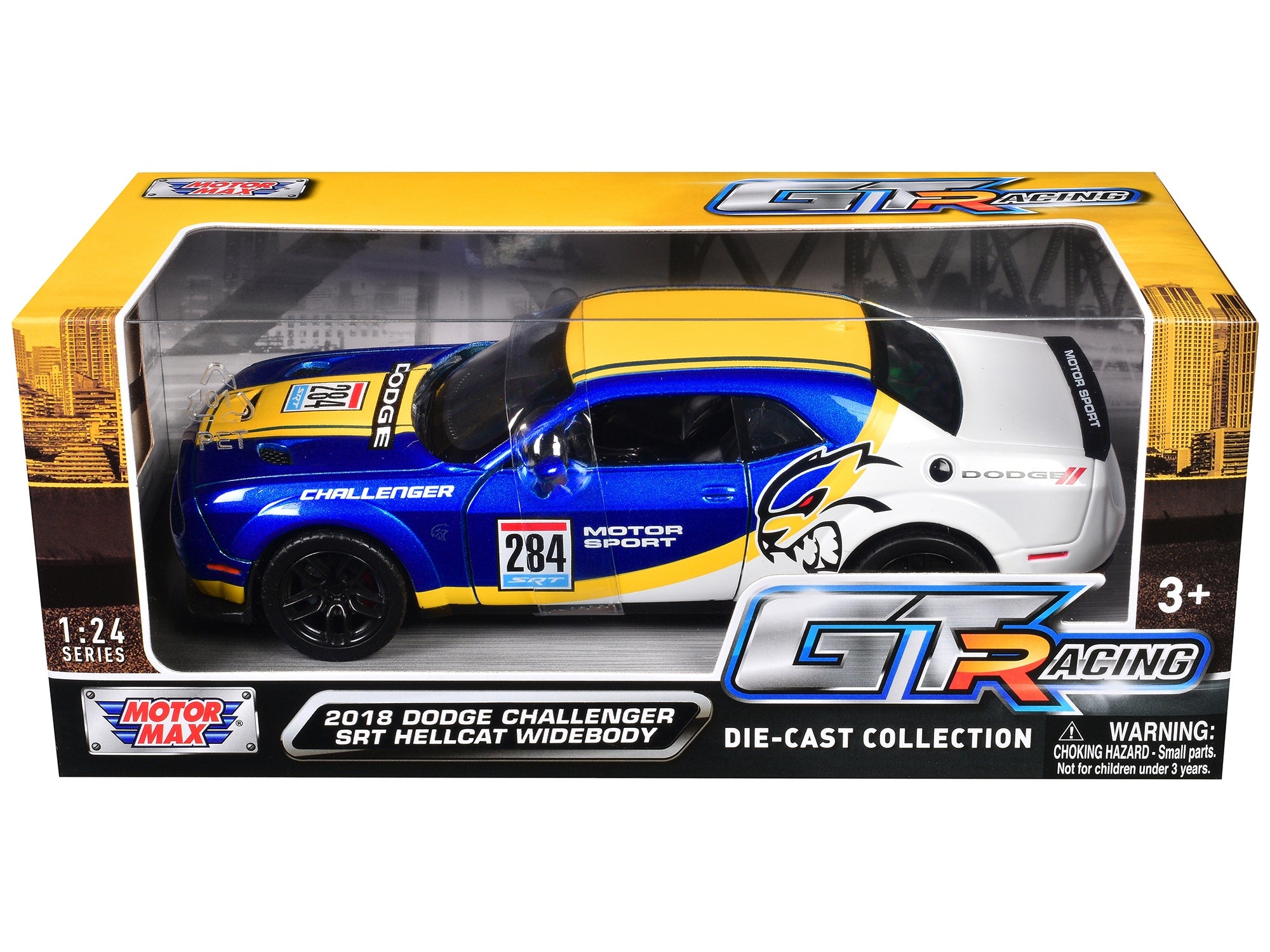 2018 Dodge Challenger SRT Hellcat Widebody #284 Blue Metallic and White with Yellow Graphics "GT Racing" Series 1/24 Diecast Model Car by Motormax Motormax