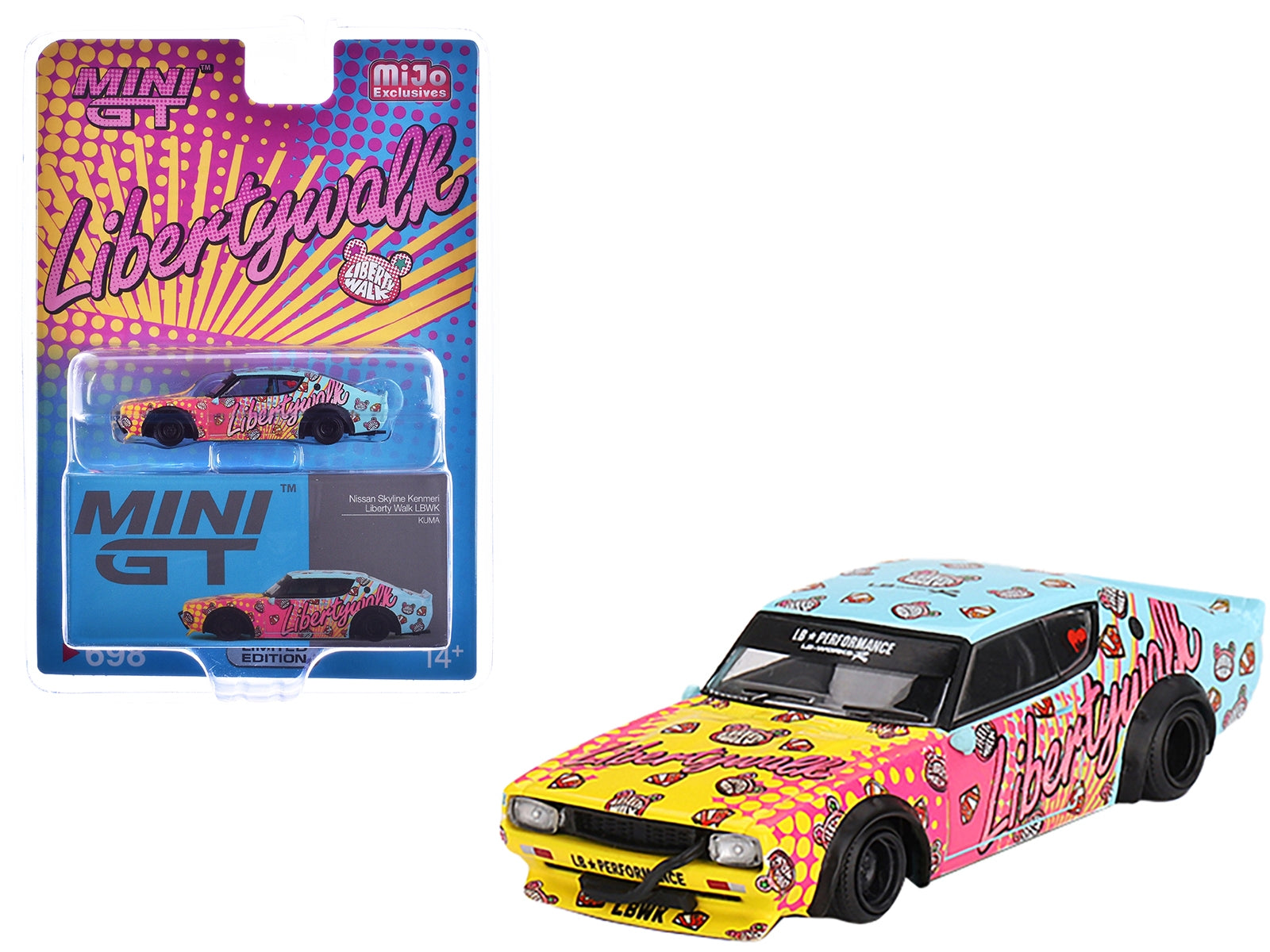 Nissan Skyline Kenmeri "Liberty Walk" RHD (Right Hand Drive) "KUMA" Light Blue and Yellow with Graphics Limited Edition 1/64 Diecast Model Car by Mini GT Mini GT