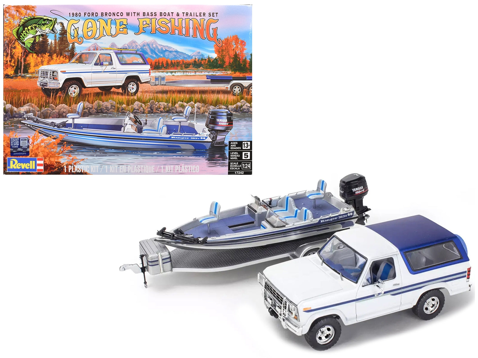 Level 5 Model Kit 1980 Ford Bronco with Bass Boat and Flatbed Trailer Set 1/24 Scale Model by Revell Revell