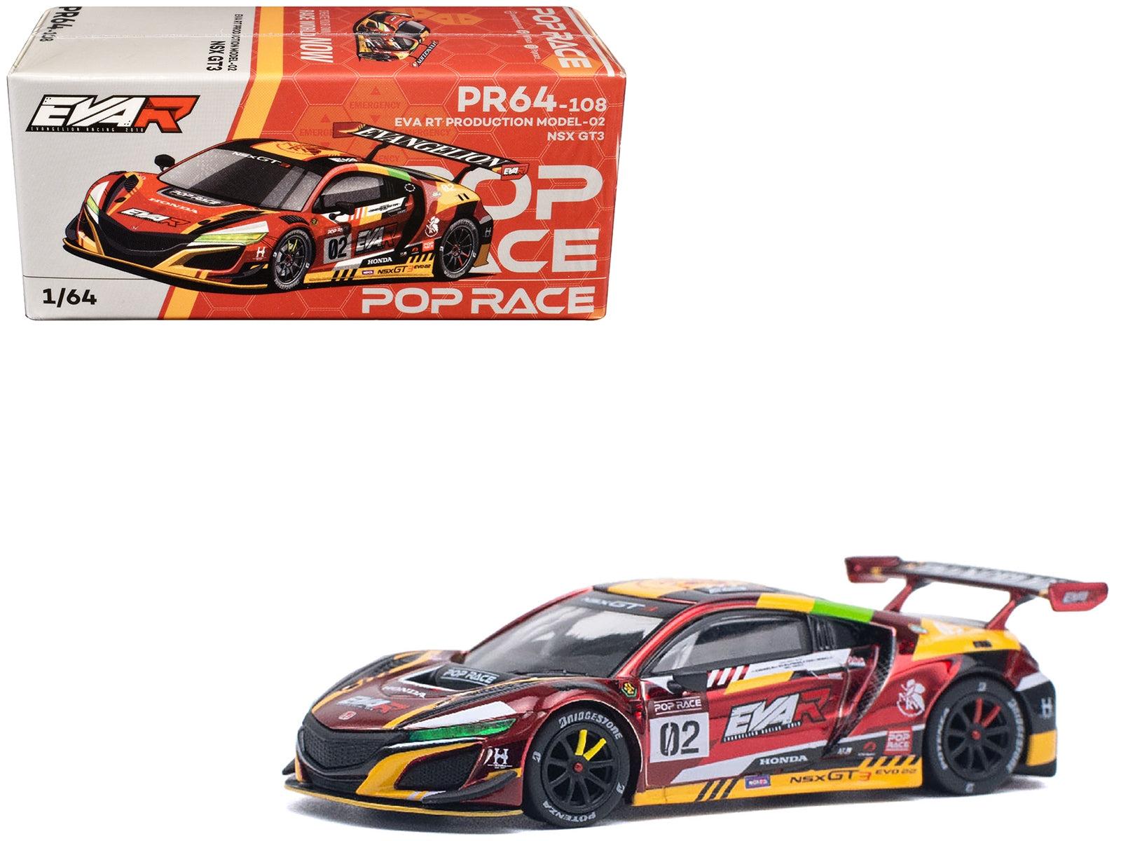 Honda NSX GT3 EVO22 #02 Red Metallic "EVA RT Production Model-02" 1/64 Diecast Model Car by Pop Race Pop Race