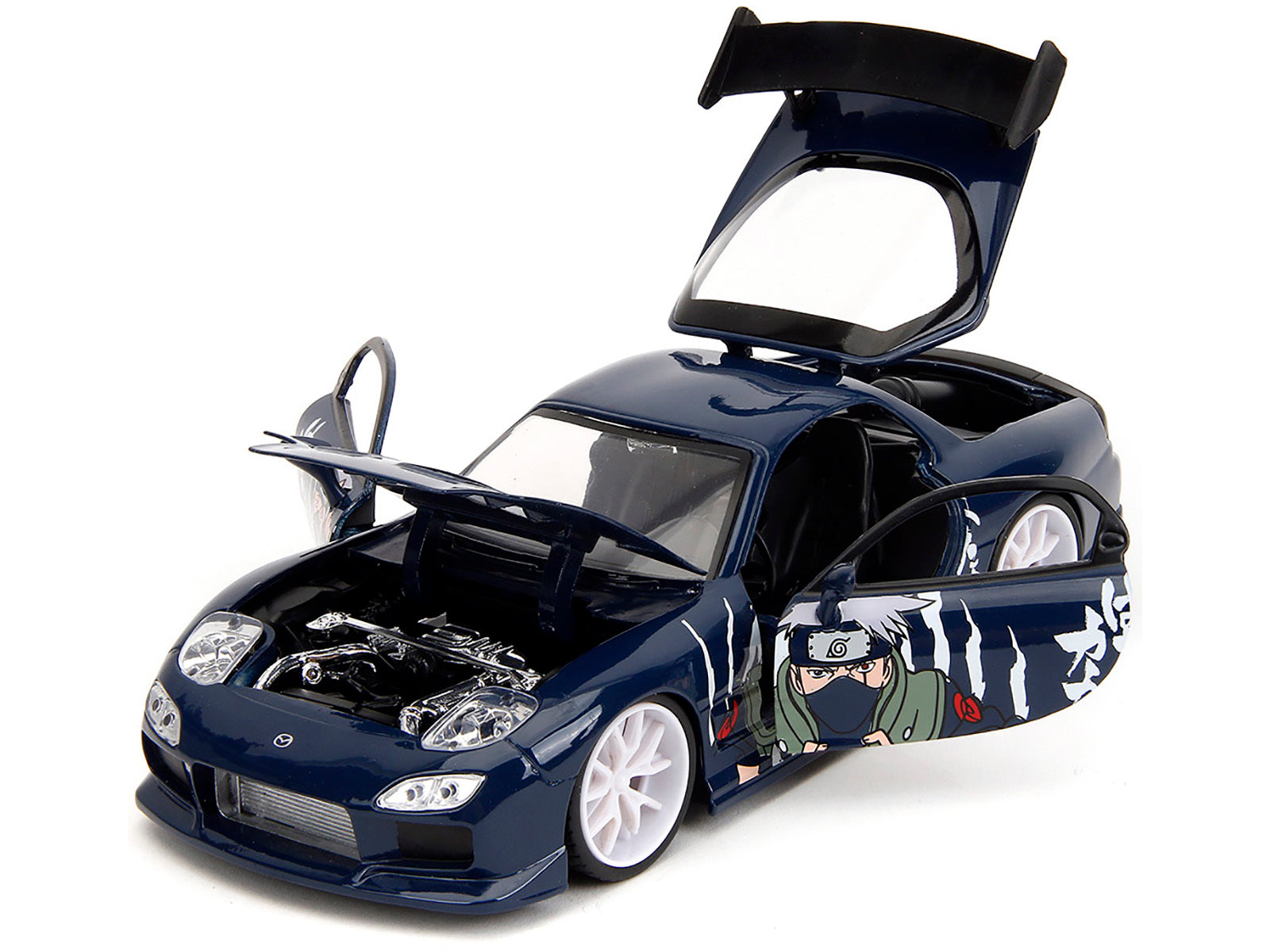 1993 Mazda RX-7 Dark Blue with Graphics and Kakashi Hatake Diecast Figure "Naruto Shippuden" (2009-2017) TV Series "Anime Hollywood Rides" Series 1/24 Diecast Model Car by Jada Jada