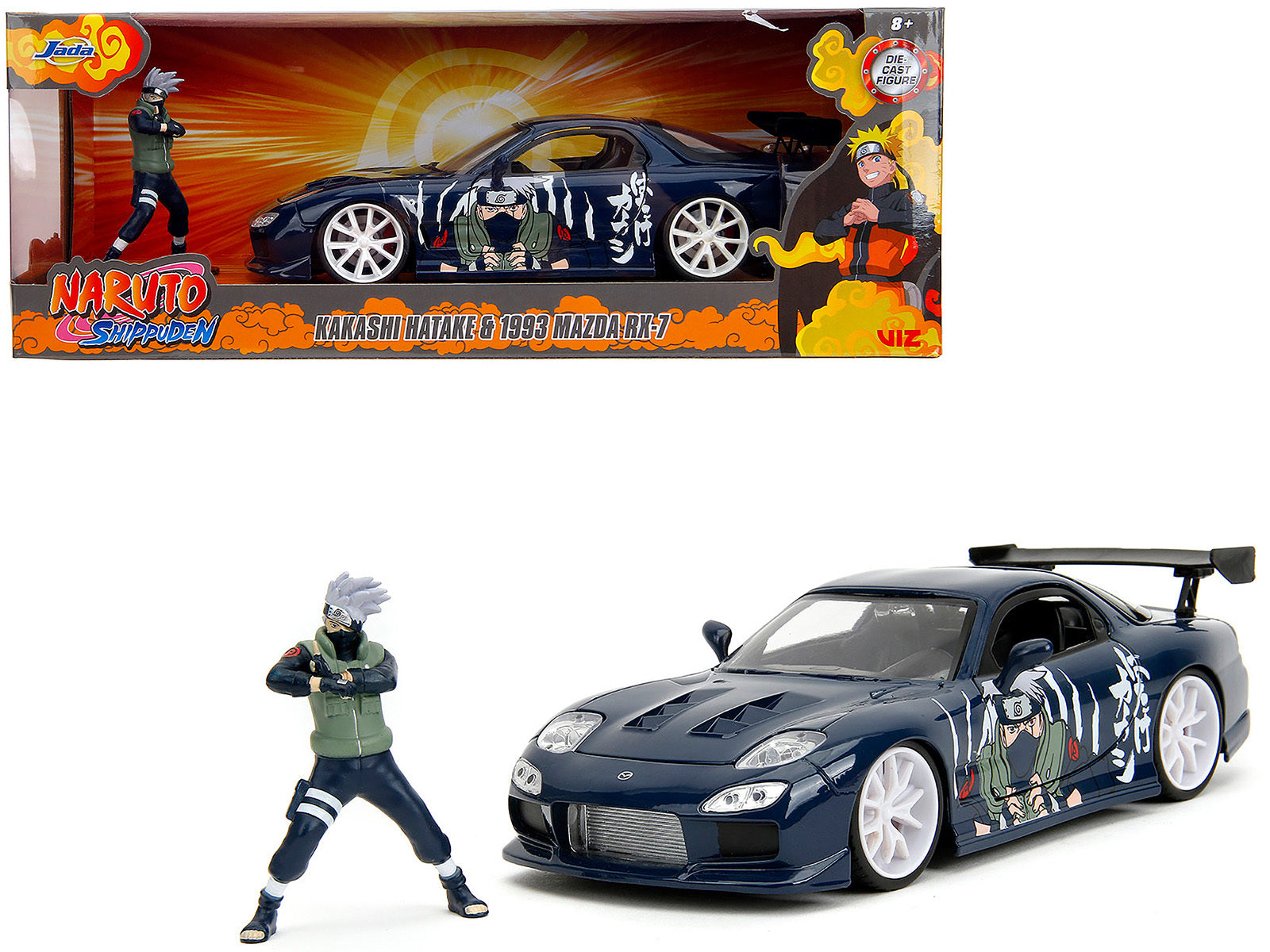 1993 Mazda RX-7 Dark Blue with Graphics and Kakashi Hatake Diecast Figure "Naruto Shippuden" (2009-2017) TV Series "Anime Hollywood Rides" Series 1/24 Diecast Model Car by Jada Jada