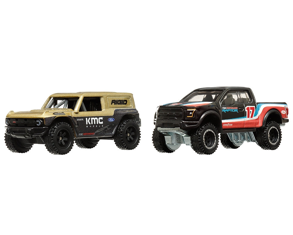 Ford Bronco R Gold Metallic and Black and 2017 Ford F-150 Raptor Pickup Truck #17 Black with Stripes "Car Culture" Set of 2 Cars Diecast Model Cars by Hot Wheels Hotwheels