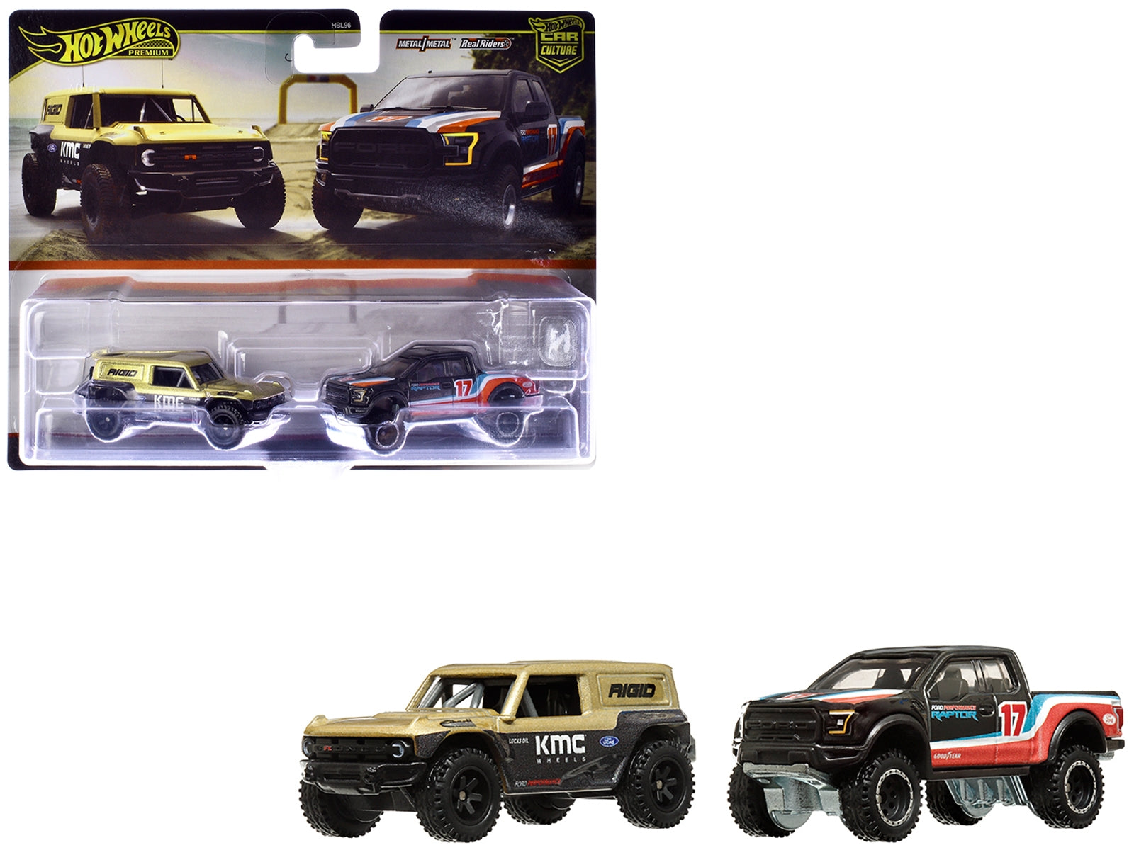 Ford Bronco R Gold Metallic and Black and 2017 Ford F-150 Raptor Pickup Truck #17 Black with Stripes "Car Culture" Set of 2 Cars Diecast Model Cars by Hot Wheels Hotwheels