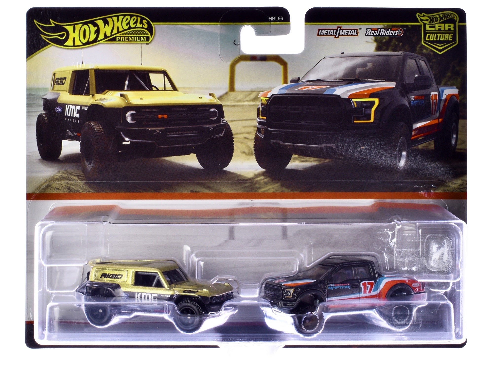 Ford Bronco R Gold Metallic and Black and 2017 Ford F-150 Raptor Pickup Truck #17 Black with Stripes "Car Culture" Set of 2 Cars Diecast Model Cars by Hot Wheels Hotwheels