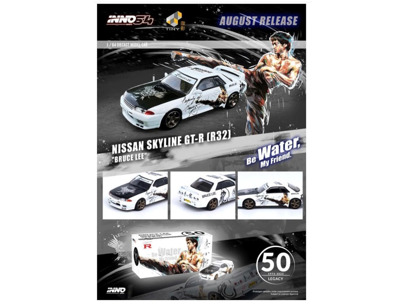 Nissan Skyline GT-R (R32) RHD (Right Hand Drive) White with Black Hood "Bruce Lee Legacy 50 Year Anniversary" 1/64 Diecast Model Car by Inno Models Inno Models