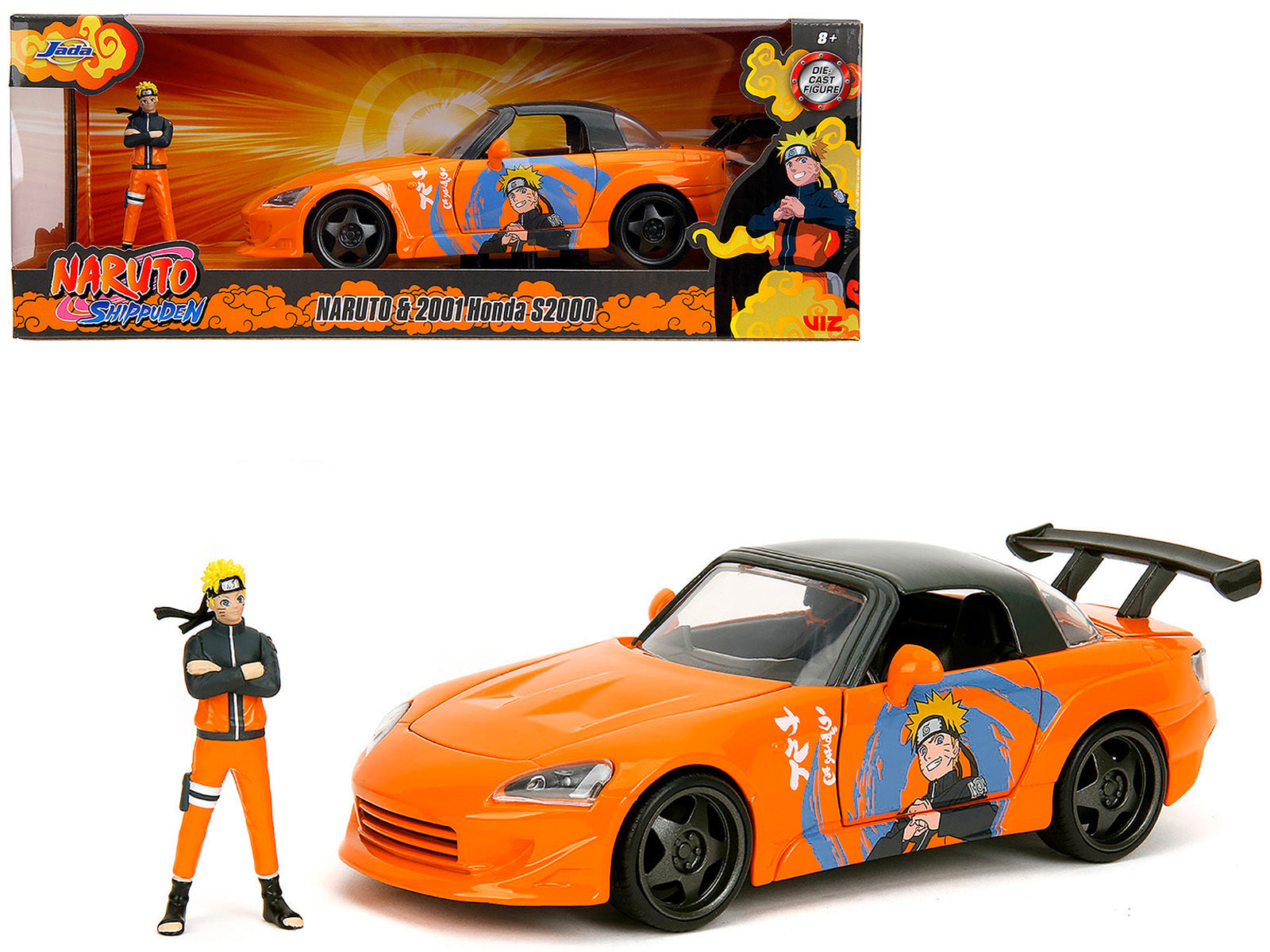 2001 Honda S2000 Orange with Gray Top and Graphics and Naruto Diecast Figure "Naruto Shippuden" (2009-2017) TV Series "Anime Hollywood Rides" Series 1/24 Diecast Model Car by Jada Jada