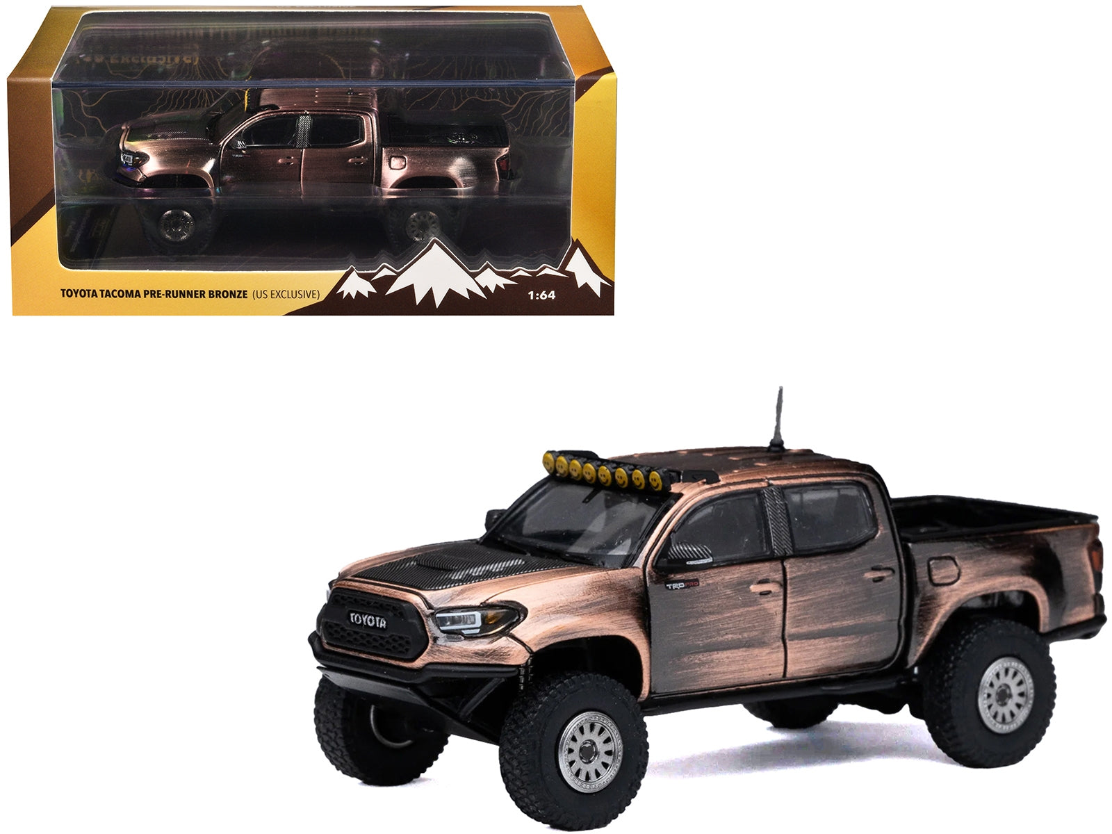 Toyota Tacoma Pre-Runner Pickup Truck Brushed Bronze Metallic with Carbon Hood 1/64 Diecast Model Car by GCD GCD