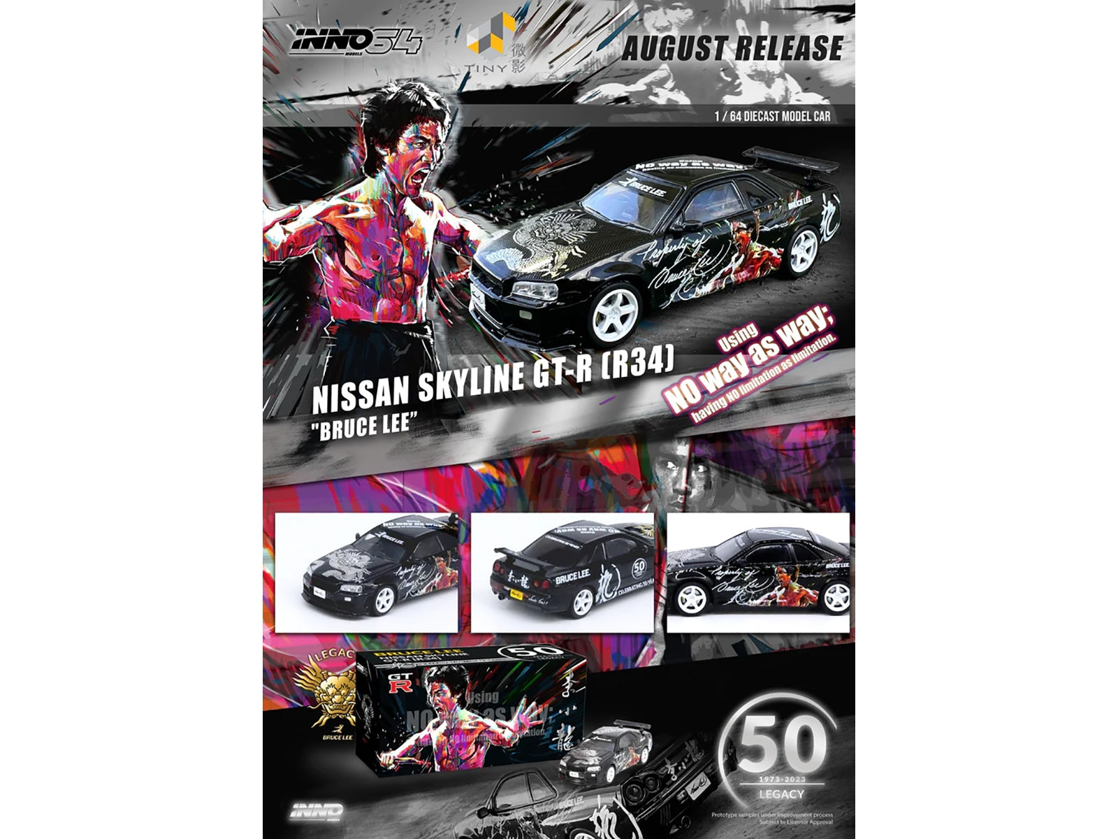 Nissan Skyline GT-R (R34) RHD (Right Hand Drive) Black "Bruce Lee Legacy 50 Year Anniversary" 1/64 Diecast Model Car by Inno Models Inno Models