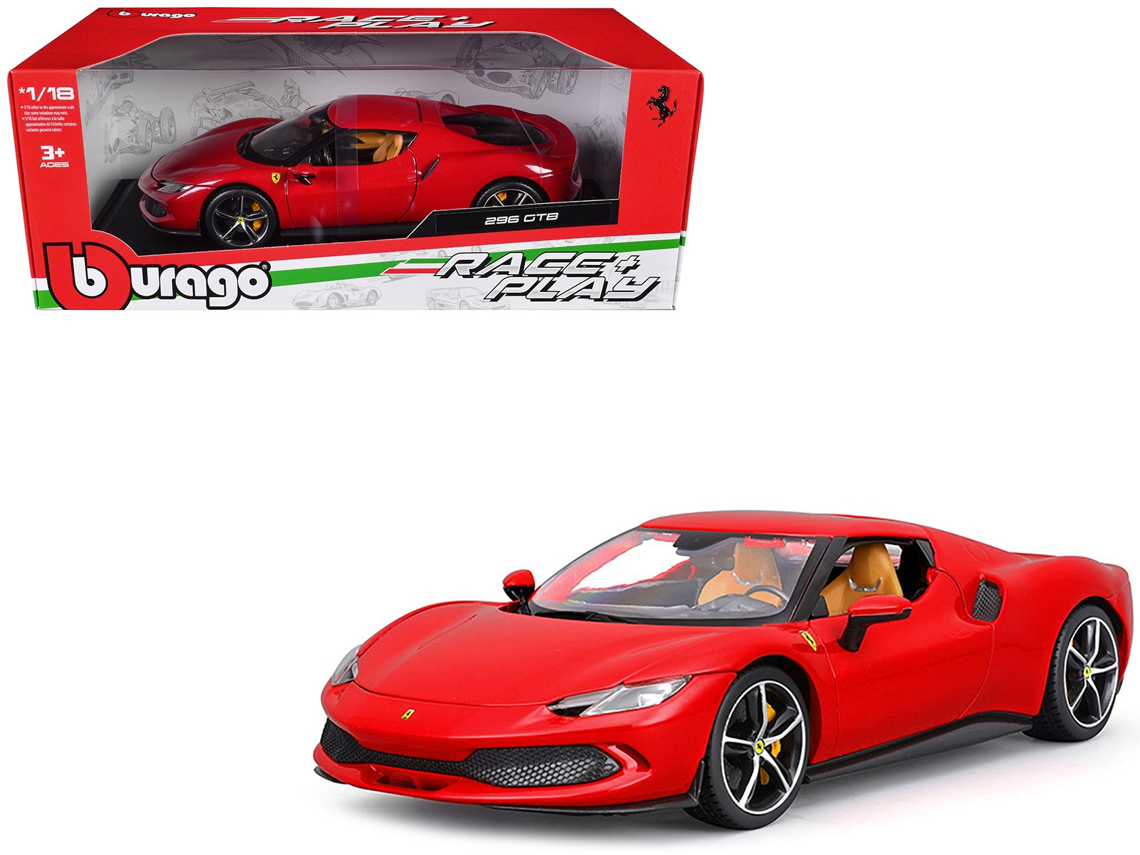 Ferrari 296 GTB Red "Race + Play" Series 1/18 Diecast Model Car by Bburago Bburago