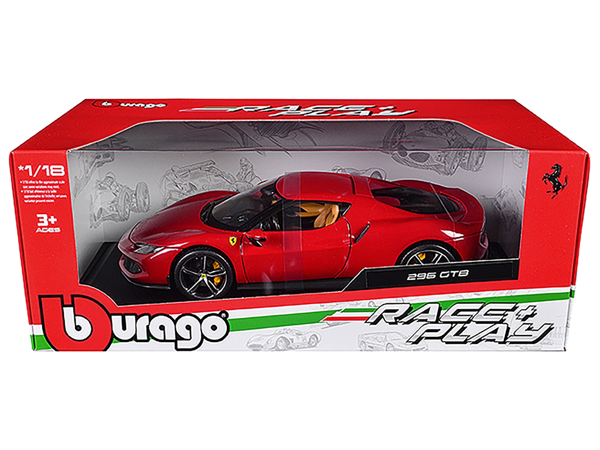 Ferrari 296 GTB Red "Race + Play" Series 1/18 Diecast Model Car by Bburago Bburago