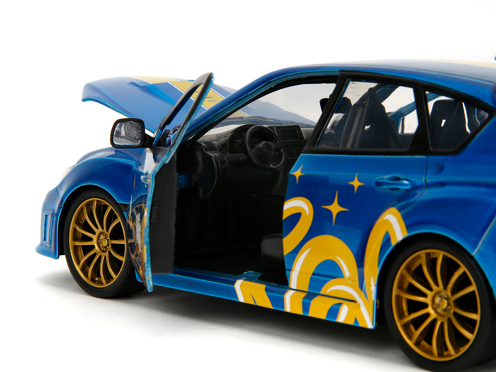 2012 Subaru Impreza WRX STI Blue Metallic with Graphics and Sonic The Hedgehog Diecast Figure "Sonic The Hedgehog" "Hollywood Rides" Series 1/24 Diecast Model Car by Jada Jada