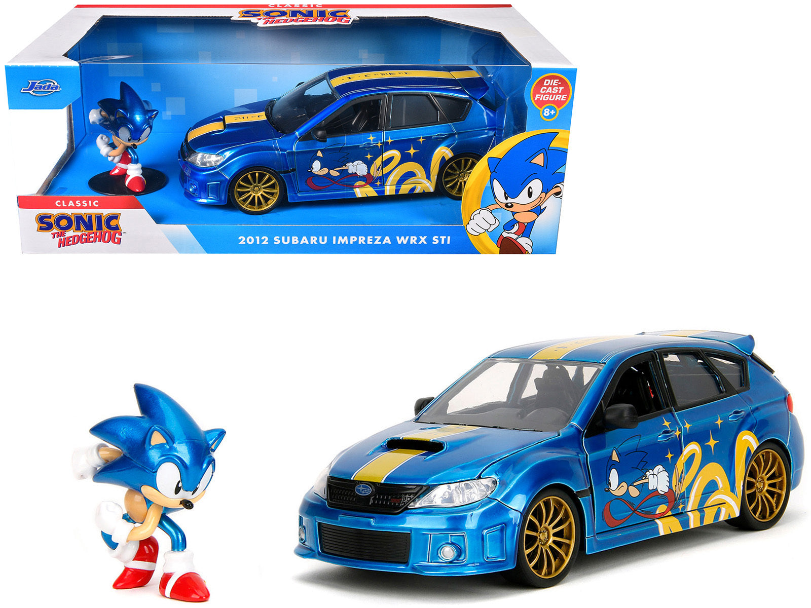 2012 Subaru Impreza WRX STI Blue Metallic with Graphics and Sonic The Hedgehog Diecast Figure "Sonic The Hedgehog" "Hollywood Rides" Series 1/24 Diecast Model Car by Jada Jada