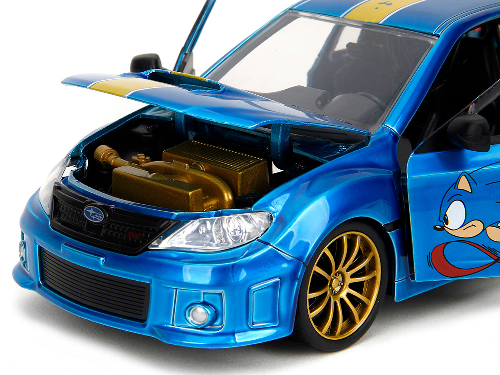 2012 Subaru Impreza WRX STI Blue Metallic with Graphics and Sonic The Hedgehog Diecast Figure "Sonic The Hedgehog" "Hollywood Rides" Series 1/24 Diecast Model Car by Jada Jada