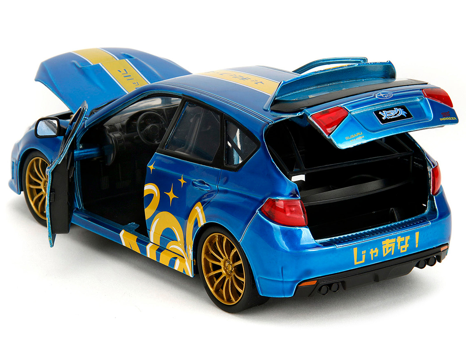 2012 Subaru Impreza WRX STI Blue Metallic with Graphics and Sonic The Hedgehog Diecast Figure "Sonic The Hedgehog" "Hollywood Rides" Series 1/24 Diecast Model Car by Jada Jada