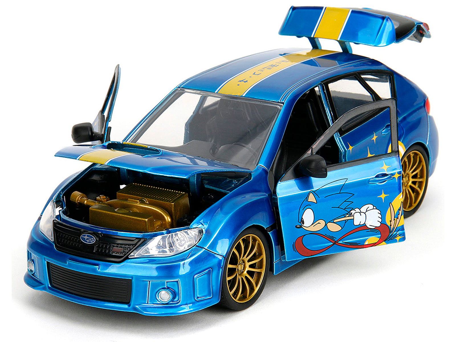 2012 Subaru Impreza WRX STI Blue Metallic with Graphics and Sonic The Hedgehog Diecast Figure "Sonic The Hedgehog" "Hollywood Rides" Series 1/24 Diecast Model Car by Jada Jada