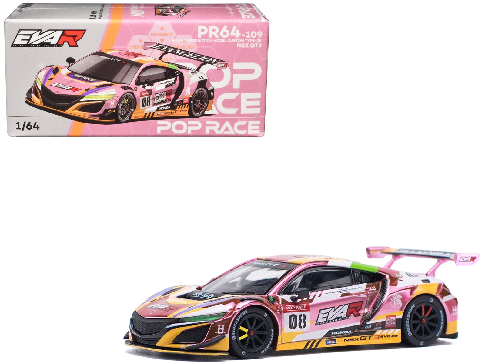 Honda NSX GT3 EVO22 #08 Pink with Graphics "EVA RT Production Model Custom Type-08" 1/64 Diecast Model Car by Pop Race Pop Race