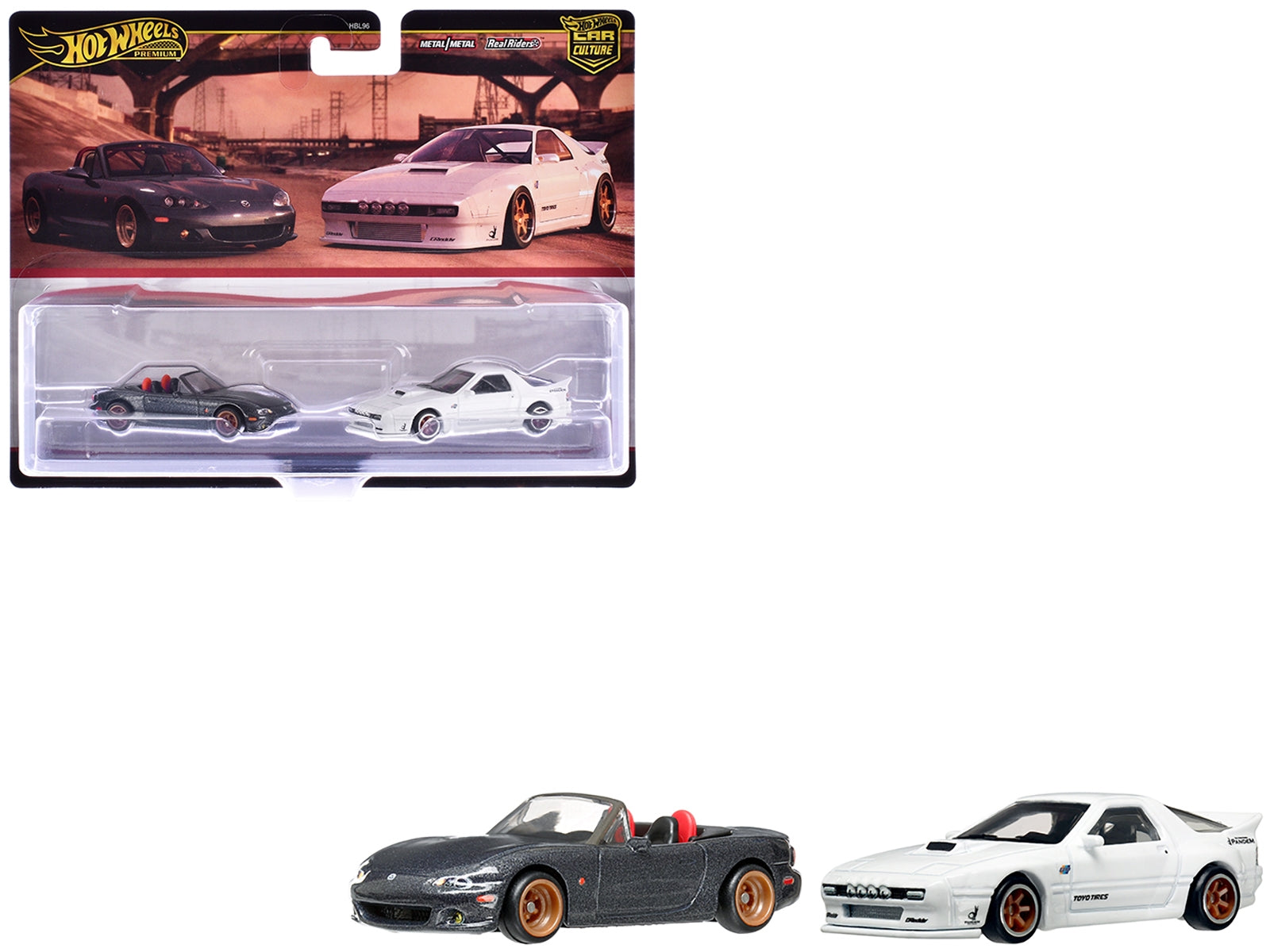 Mazda Mazdaspeed Miata Gray Metallic and Mazda RX7 FC Pandem White "Car Culture" Set of 2 Cars Diecast Model Cars by Hot Wheels Hotwheels