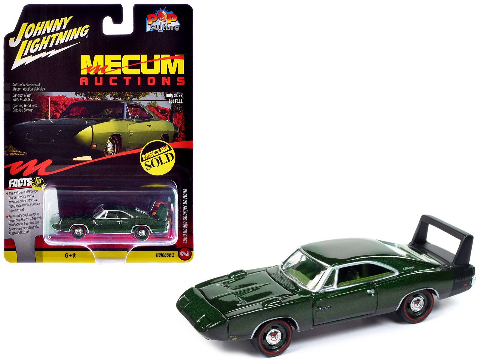 1969 Dodge Charger Daytona Dark Green Metallic with Green Interior "Mecum Auctions" Pop Culture 2024 Release 1 1/64 Diecast Model Car by Johnny Lightning Johnny Lightning