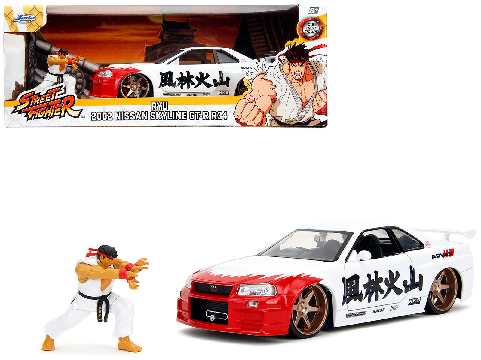 2002 Nissan Skyline GT-R (R34) RHD (Right Hand Drive) White with Red Graphics and Ryu Diecast Figure "Street Fighter" Video Game "Anime Hollywood Rides" Series 1/24 Diecast Model Car by Jada Jada