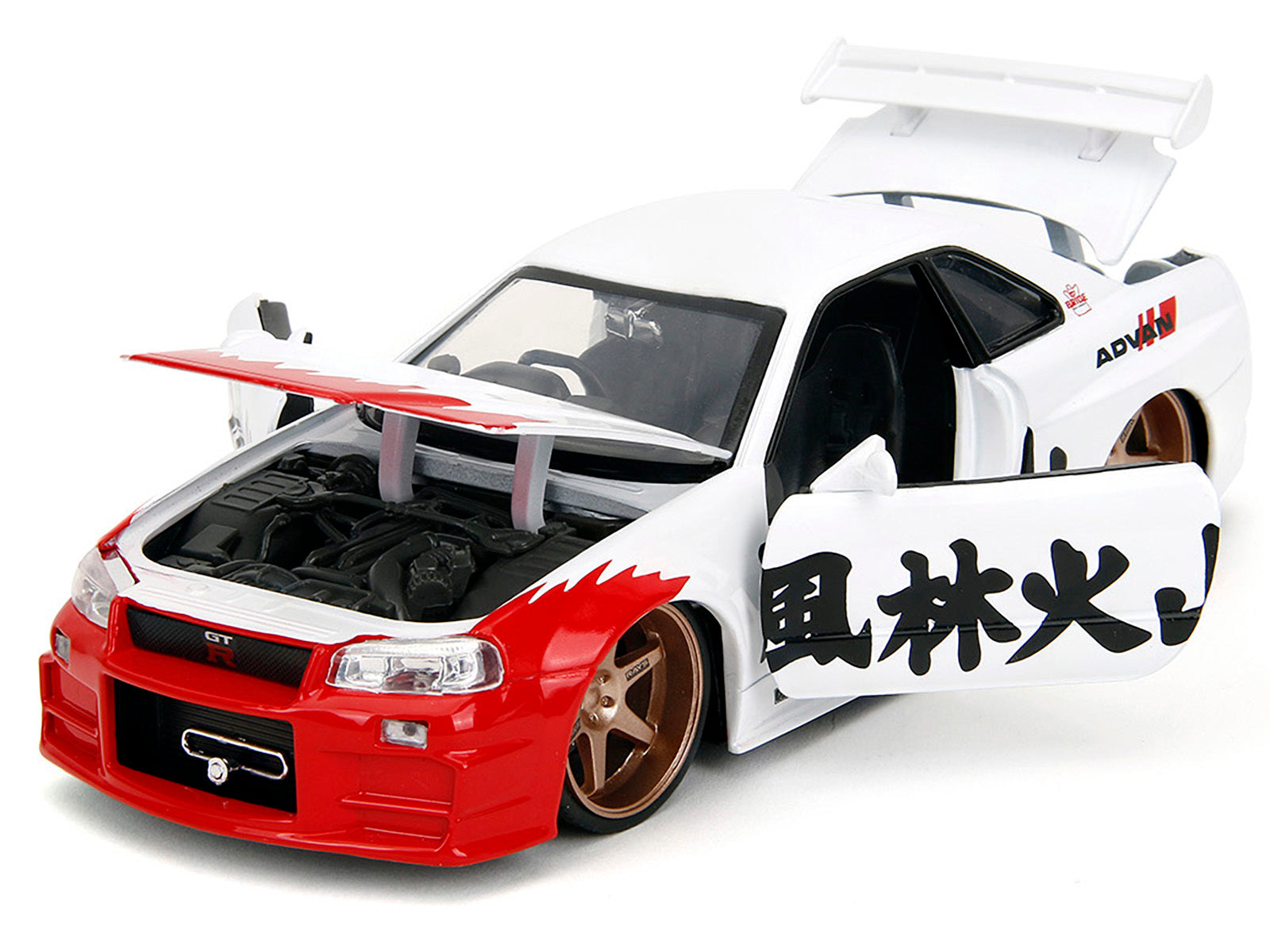 2002 Nissan Skyline GT-R (R34) RHD (Right Hand Drive) White with Red Graphics and Ryu Diecast Figure "Street Fighter" Video Game "Anime Hollywood Rides" Series 1/24 Diecast Model Car by Jada Jada