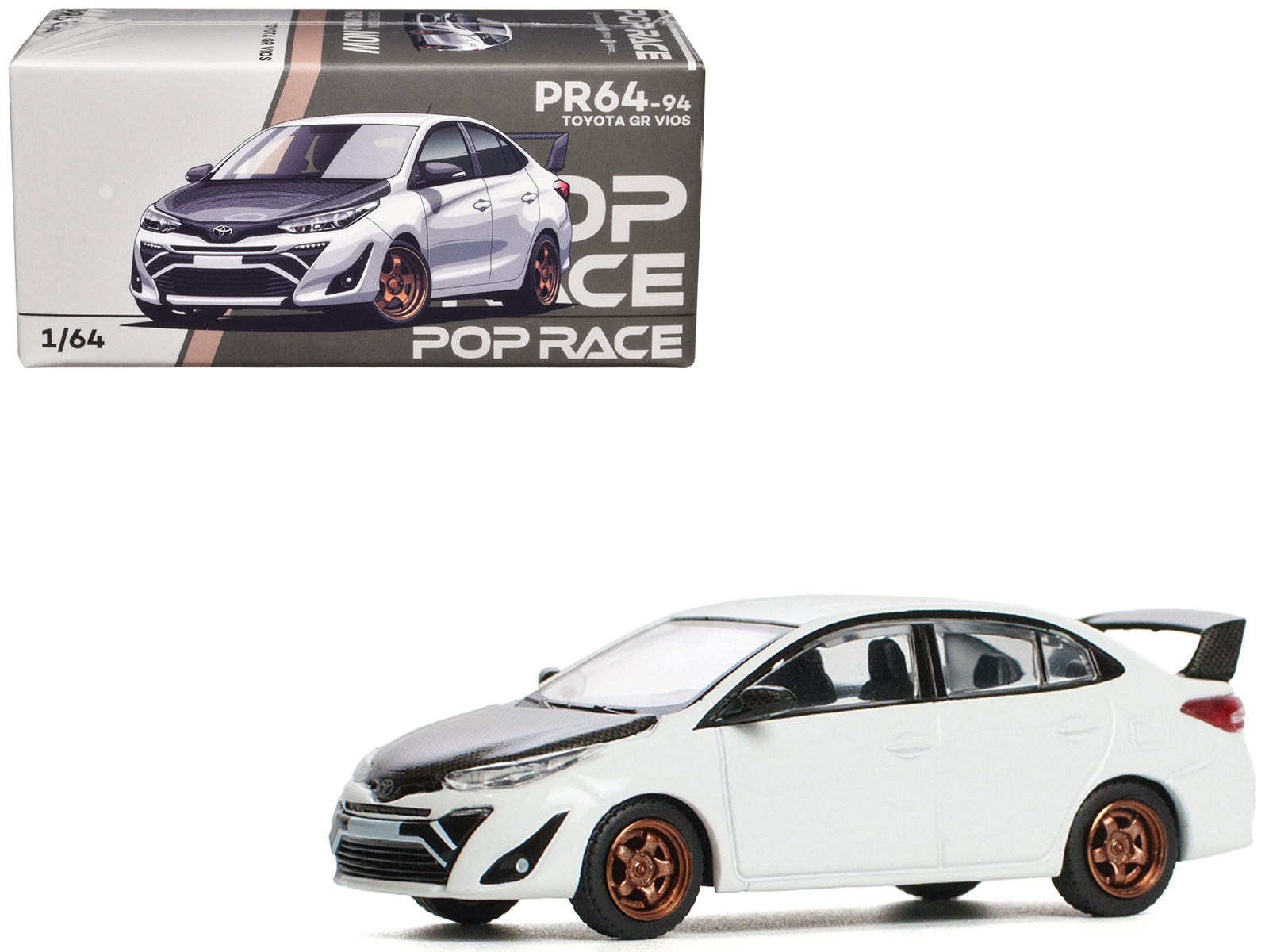 Toyota GR Vios White with Carbon Hood 1/64 Diecast Model Car by Pop Race Pop Race