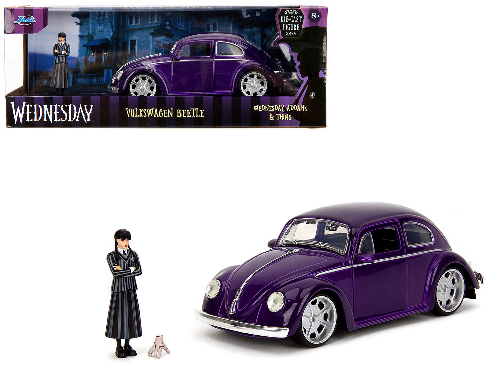 Volkswagen Beetle Purple Metallic and Wednesday Addams Diecast Figure "Wednesday" (2022) TV Series "Hollywood Rides" Series 1/24 Diecast Model Car by Jada Jada