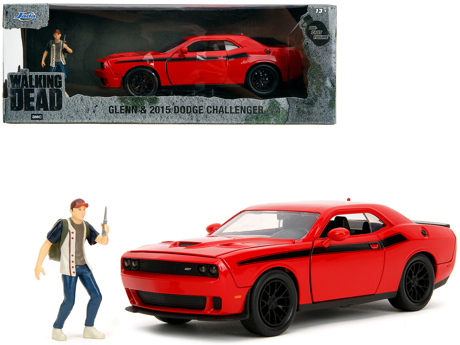 2015 Dodge Challenger Red with Black Stripes and Glenn Diecast Figure "The Walking Dead" (2010-2022) TV Series "Hollywood Rides" Series 1/24 Diecast Model Car by Jada Jada