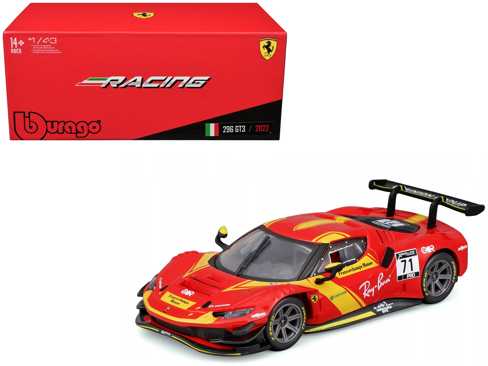 Ferrari 296 GT3 #71 Red "Francorchamps Motors" (2022) "Racing" Series with Display Case 1/43 Diecast Model Car by Bburago Bburago