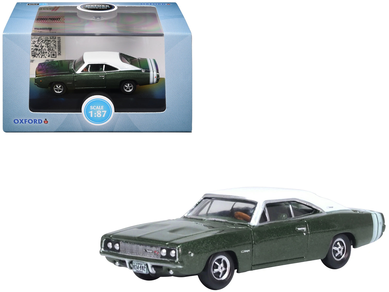 1968 Dodge Charger Racing Green Metallic with White Top and Tail Stripe 1/87 (HO) Scale Diecast Model Car by Oxford Diecast Oxford Diecast