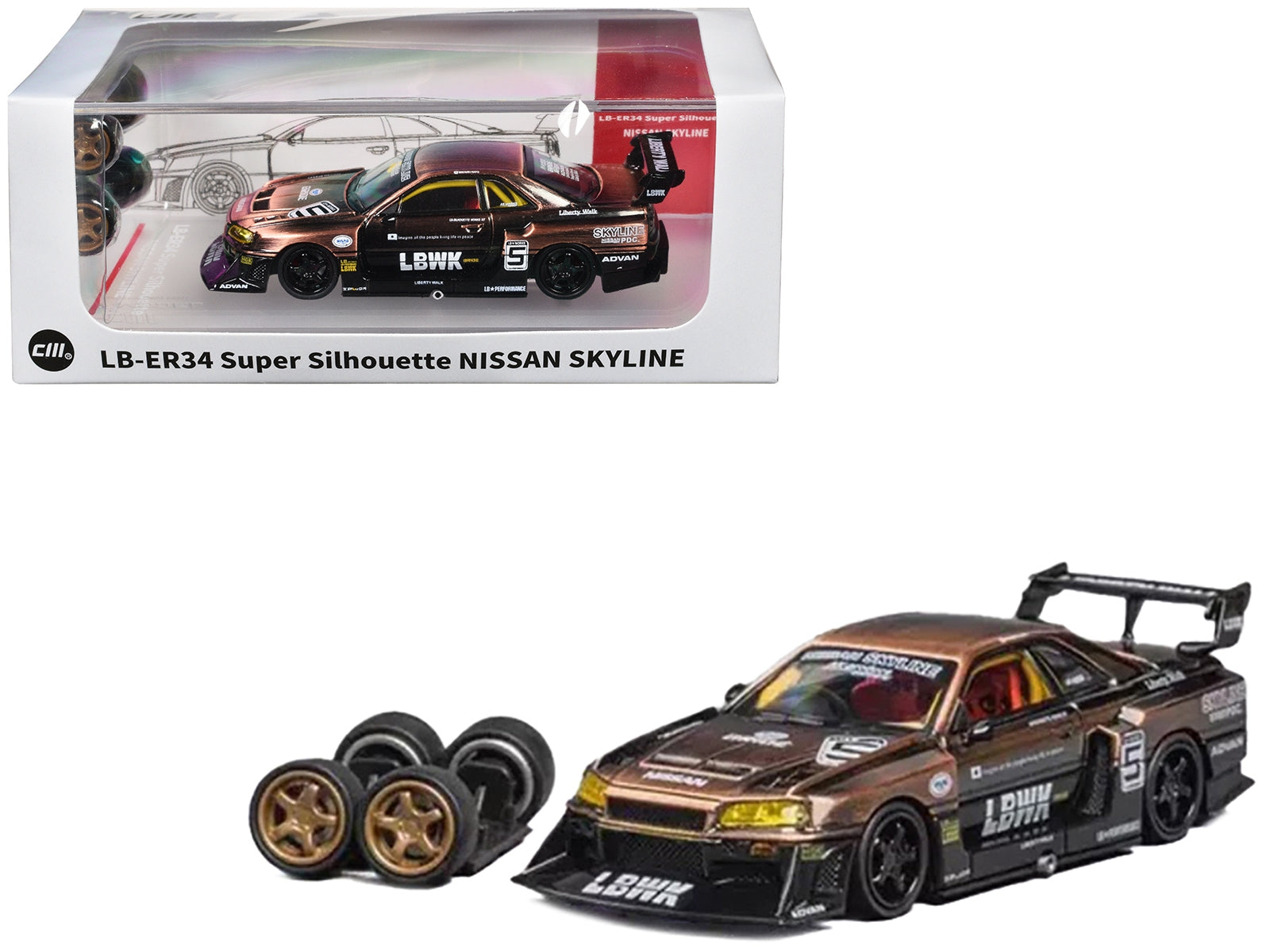 Nissan Skyline LB-ER34 "Super Silhouette" RHD (Right Hand Drive) #5 Brushed Bronze and Black with Extra Wheels 1/64 Diecast Model Car by CM Models CM Models