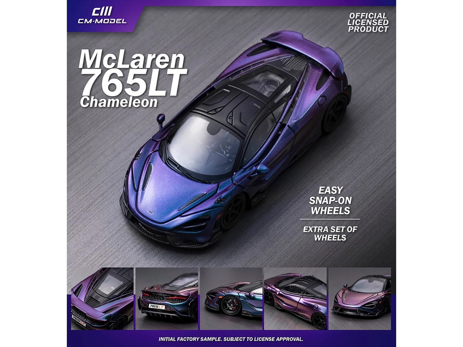 McLaren 765LT Chameleon Purple with Black Top and Extra Wheels 1/64 Diecast Model Car by CM Models CM Models