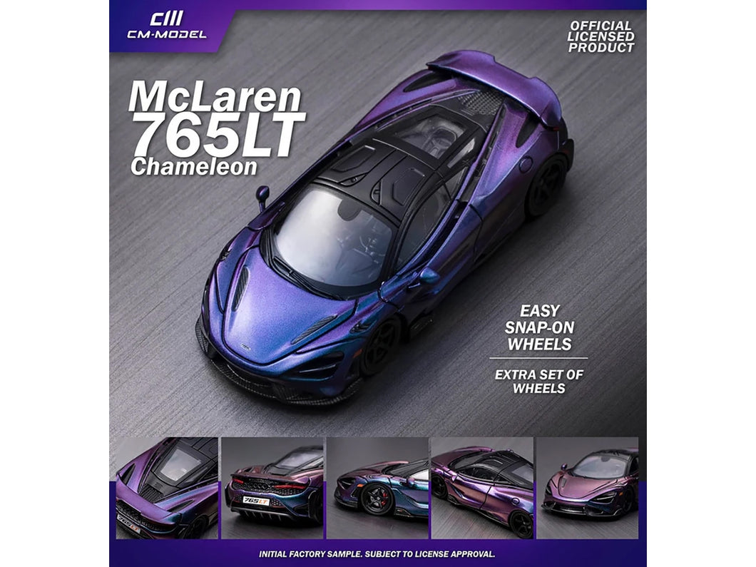 McLaren 765LT Chameleon Purple with Black Top and Extra Wheels 1/64 Diecast Model Car by CM Models CM Models