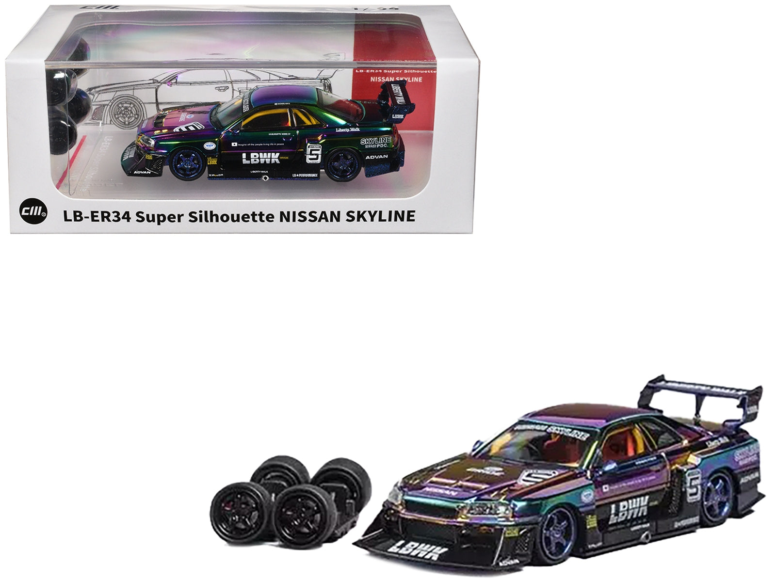 Nissan Skyline LB-ER34 "Super Silhouette" RHD (Right Hand Drive) #5 Chameleon Metallic with Extra Wheels 1/64 Diecast Model Car by CM Models CM Models