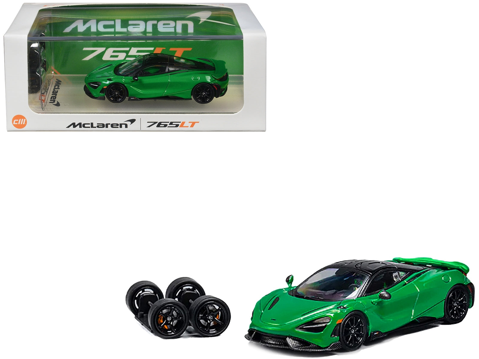 McLaren 765LT Green with Black Top and Extra Wheels 1/64 Diecast Model Car by CM Models CM Models