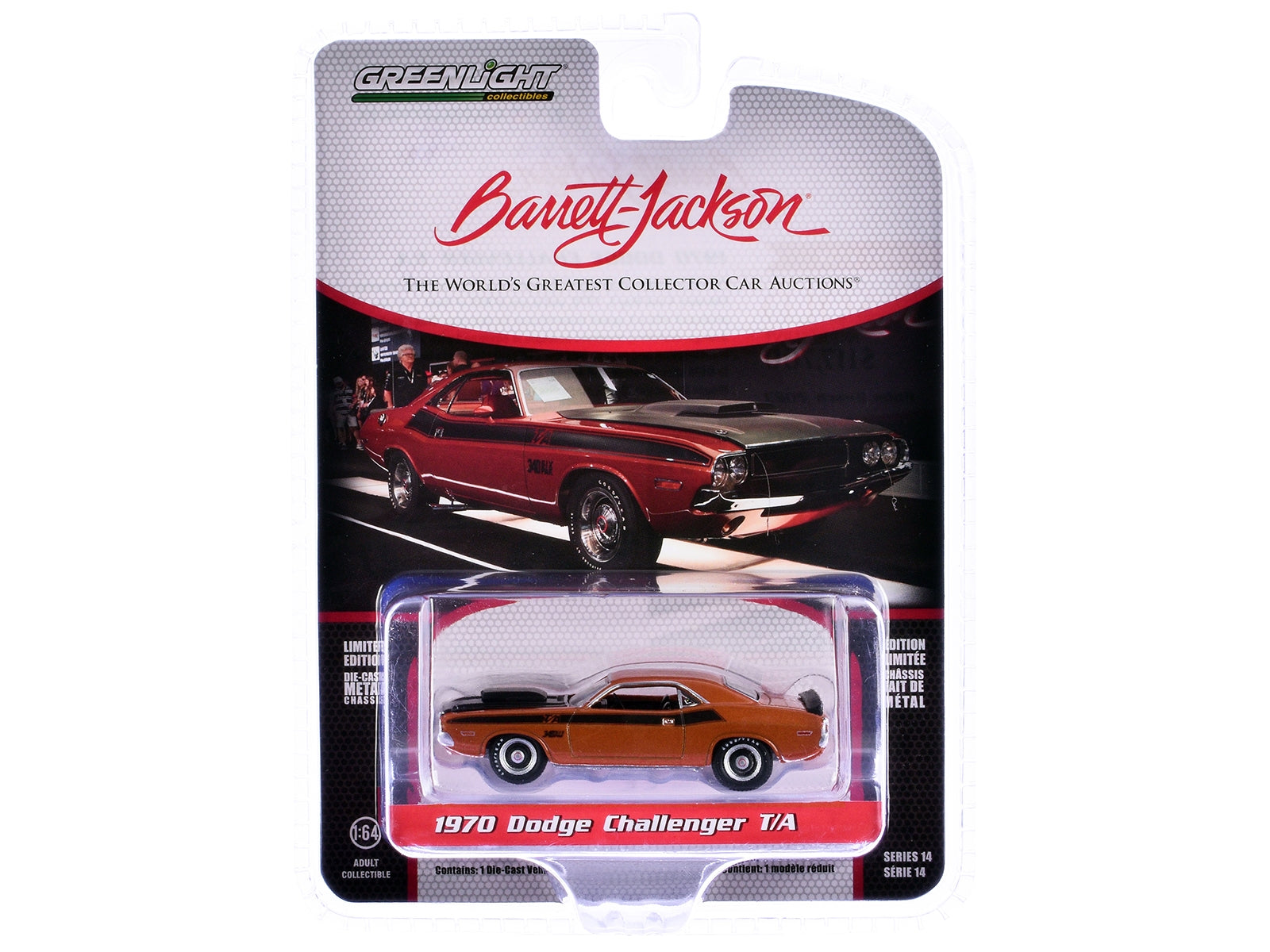 1970 Dodge Challenger T/A Burnt Orange Metallic with Black Hood and Stripes (Palm Beach 2023) Barrett Jackson "Scottsdale Edition" Series 14 1/64 Diecast Model Car by Greenlight Greenlight