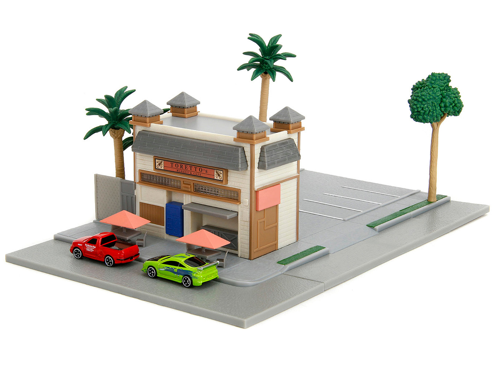 Toretto Cafe Diorama with Mitsubishi Eclipse Green and Ford F-150 SVT Lightning Red "Fast and Furious" "Nano Scene" Series Model by Jada DREAMLAND DIE CAST