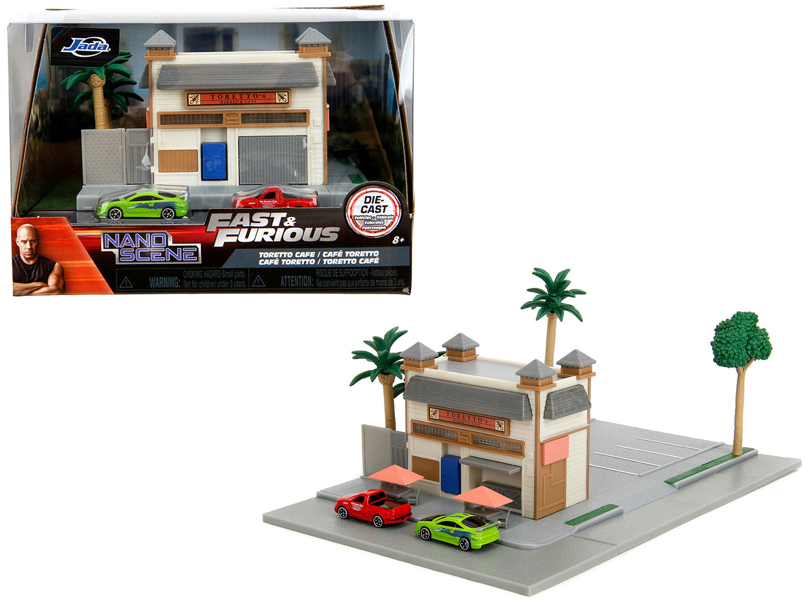 Toretto Cafe Diorama with Mitsubishi Eclipse Green and Ford F-150 SVT Lightning Red "Fast and Furious" "Nano Scene" Series Model by Jada DREAMLAND DIE CAST