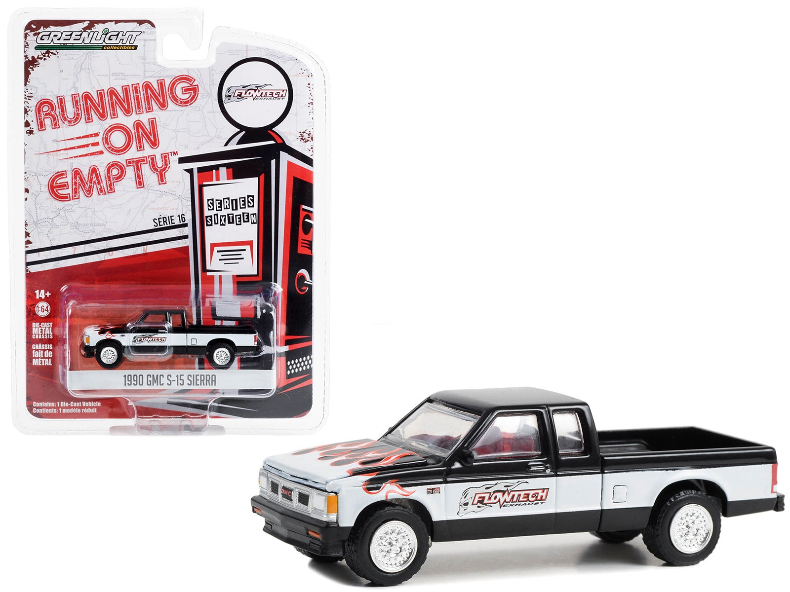 1990 GMC S-15 Sierra Pickup Truck Black and White with Flames "Flowtech Exhaust" "Running on Empty" Series 16 1/64 Diecast Model Car by Greenlight Greenlight