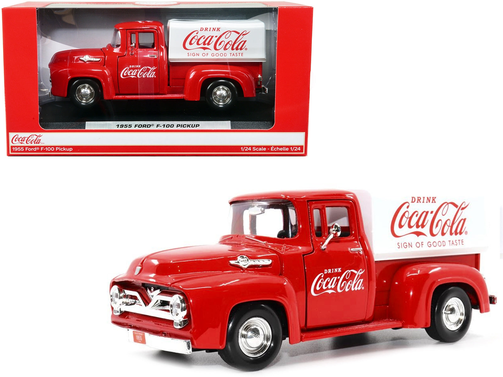 1955 Ford F-100 Pickup Truck Red with White Canopy "Drink Coca-Cola" 1/24 Diecast Model Car by Motor City Classics Motorcity Classics