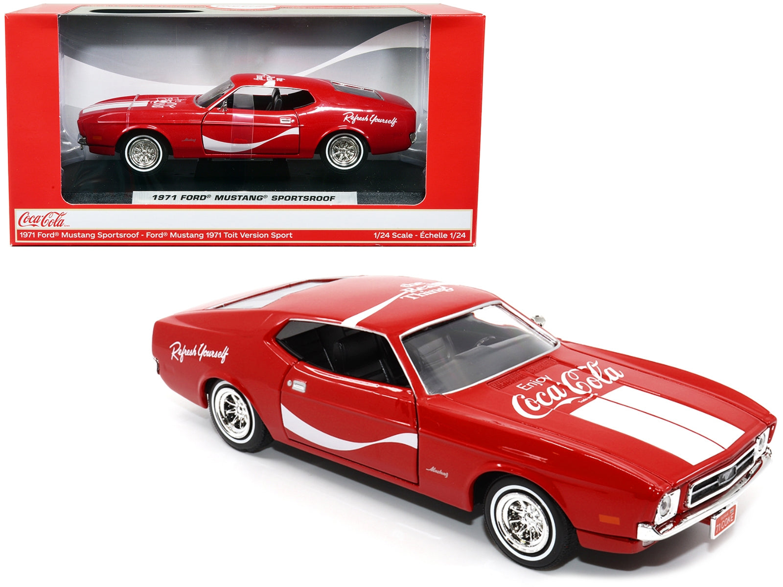 1971 Ford Mustang Sportsroof Red with White Stripes "Refresh Yourself - Coca-Cola" 1/24 Diecast Model Car by Motor City Classics Motorcity Classics