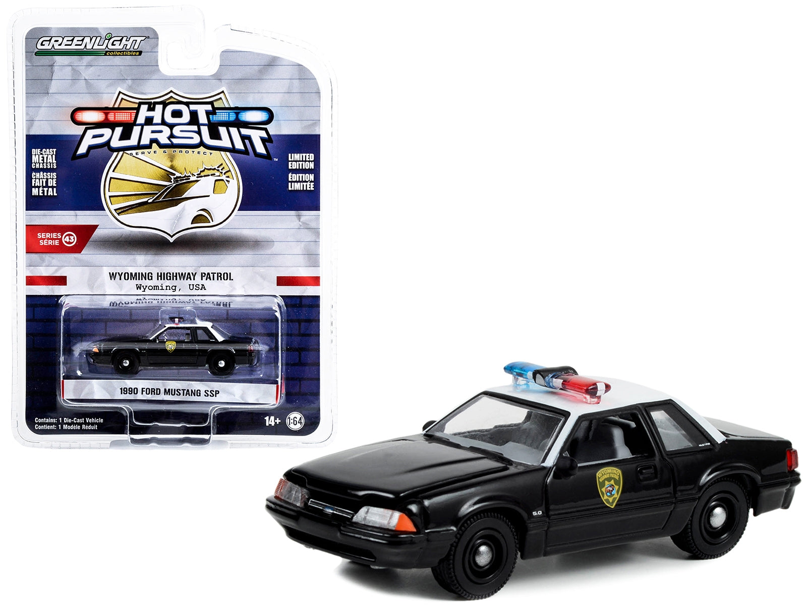 1990 Ford Mustang SSP Black and White "Wyoming Highway Patrol" "Hot Pursuit" Series 43 1/64 Diecast Model Car by Greenlight Greenlight